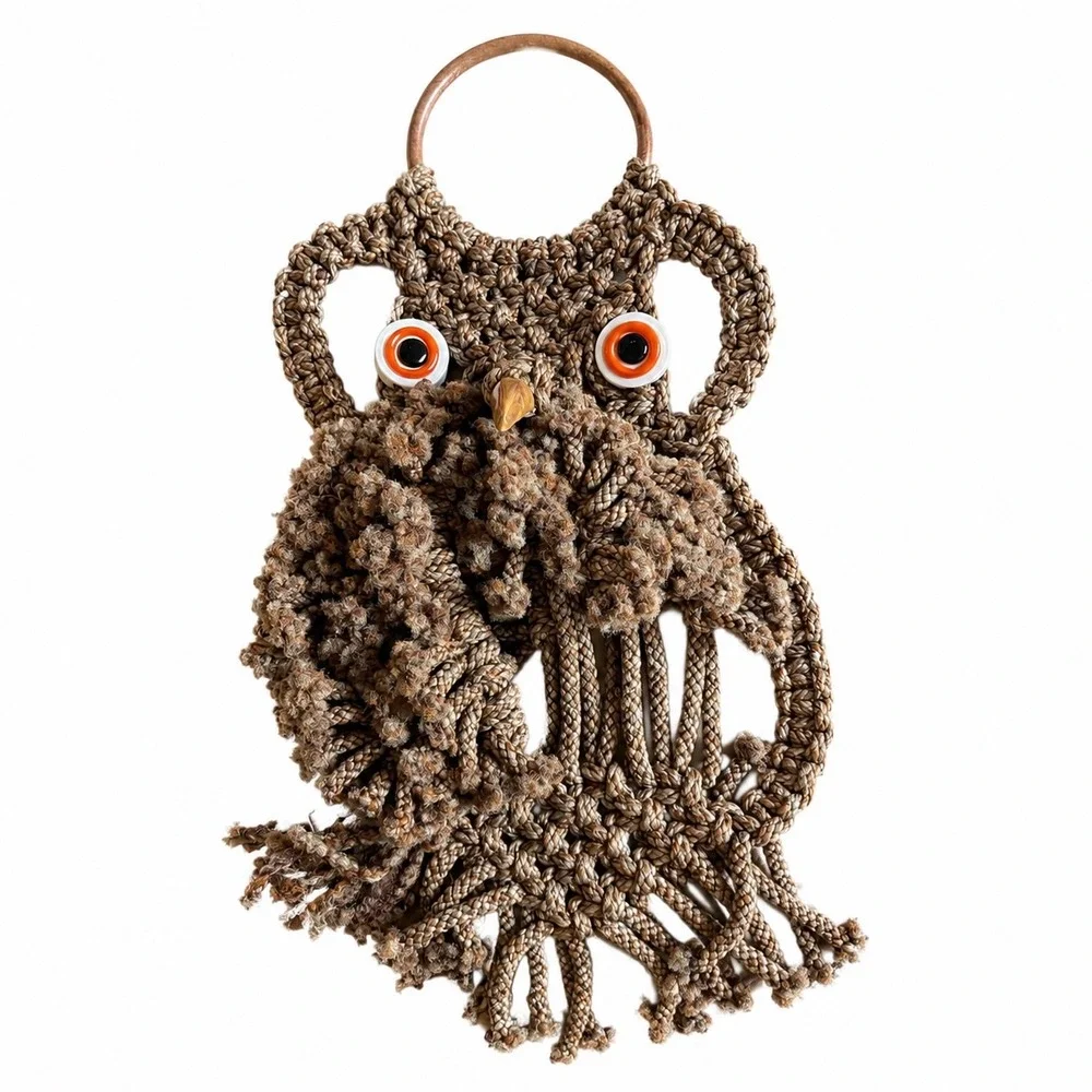 Vintage Macrame Owl Wall Hanging Decor Woodland Boho Retro Handmade MCM 70s